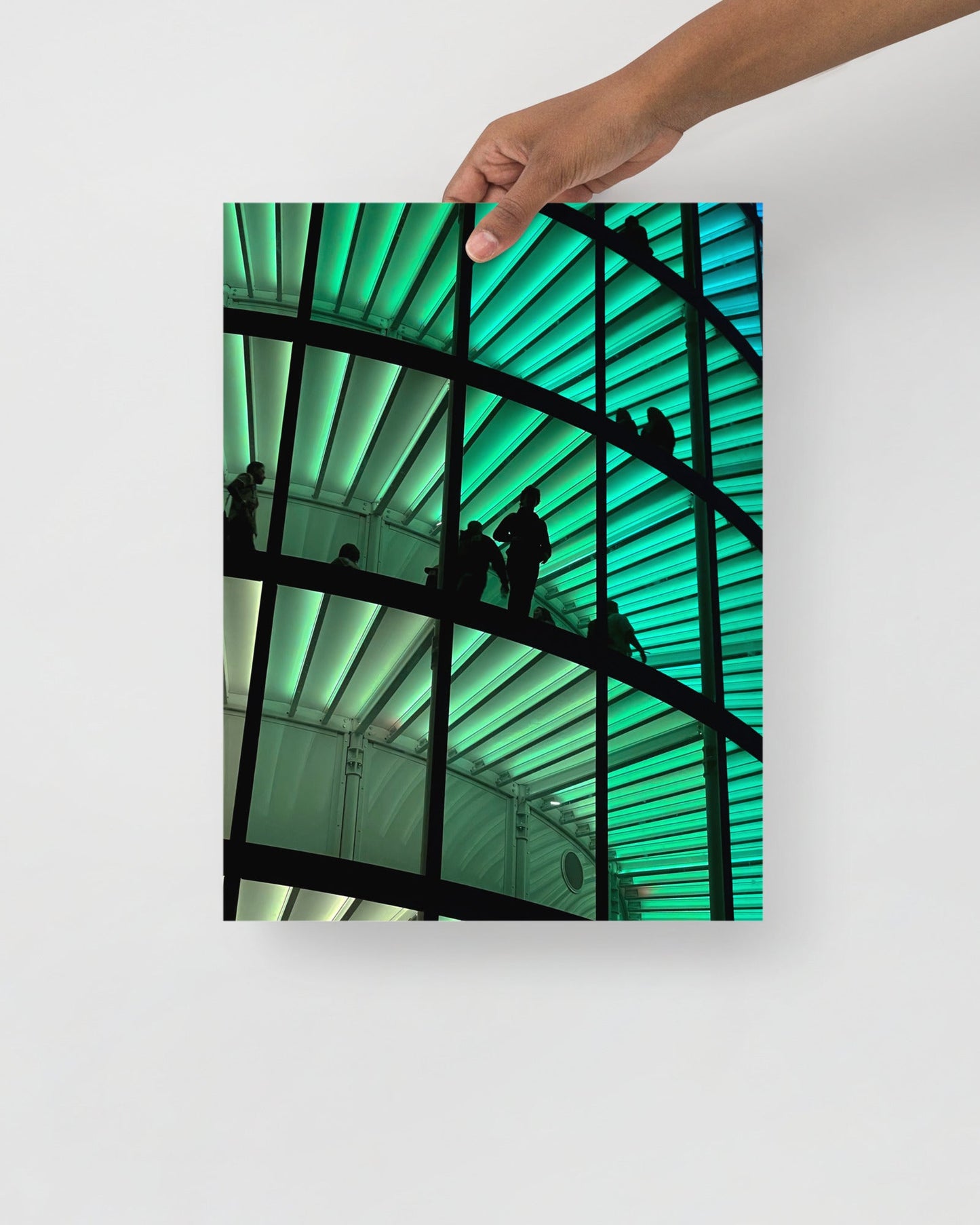 Art print of 'spectra' a green architectural interior with silhouettes against a white background