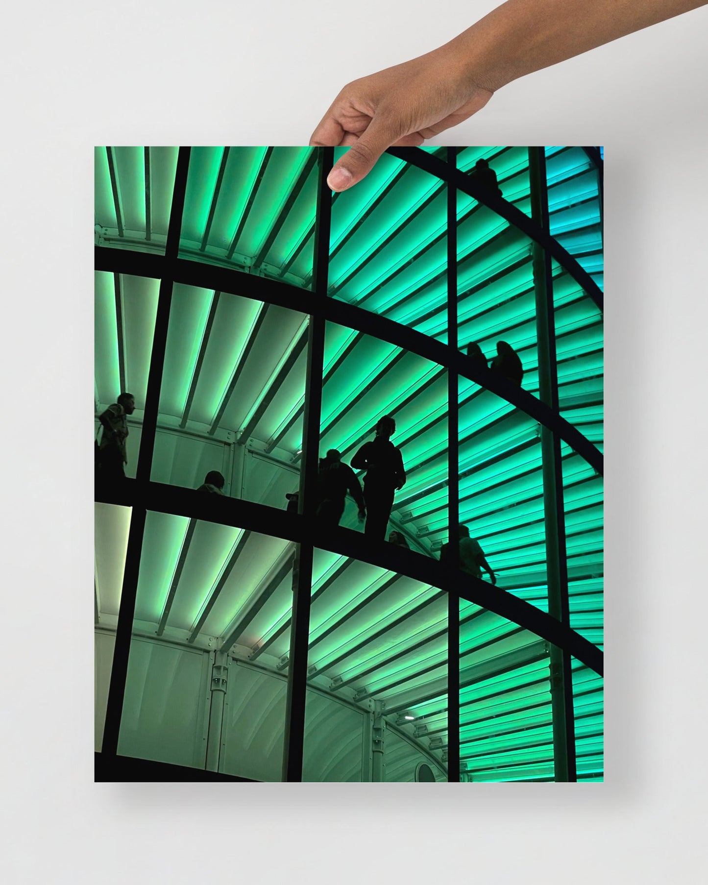 Art print of 'spectra' a green architectural interior with silhouettes against a white background