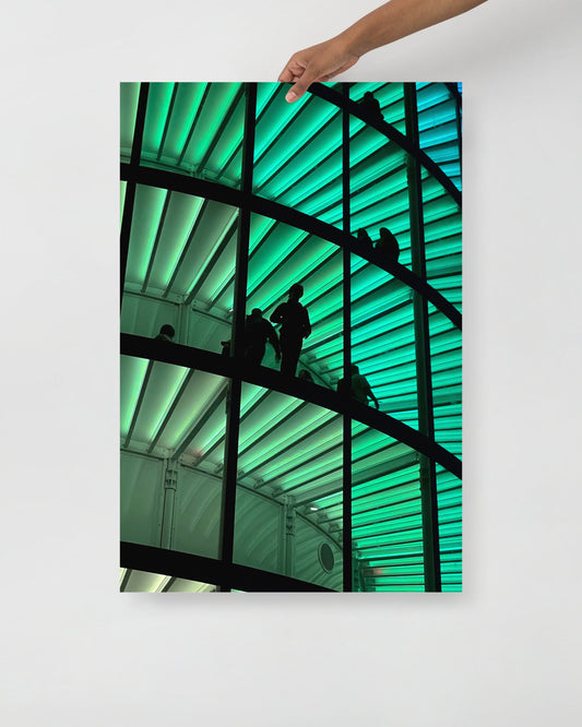 Art print of 'spectra' a green architectural interior with silhouettes against a white background