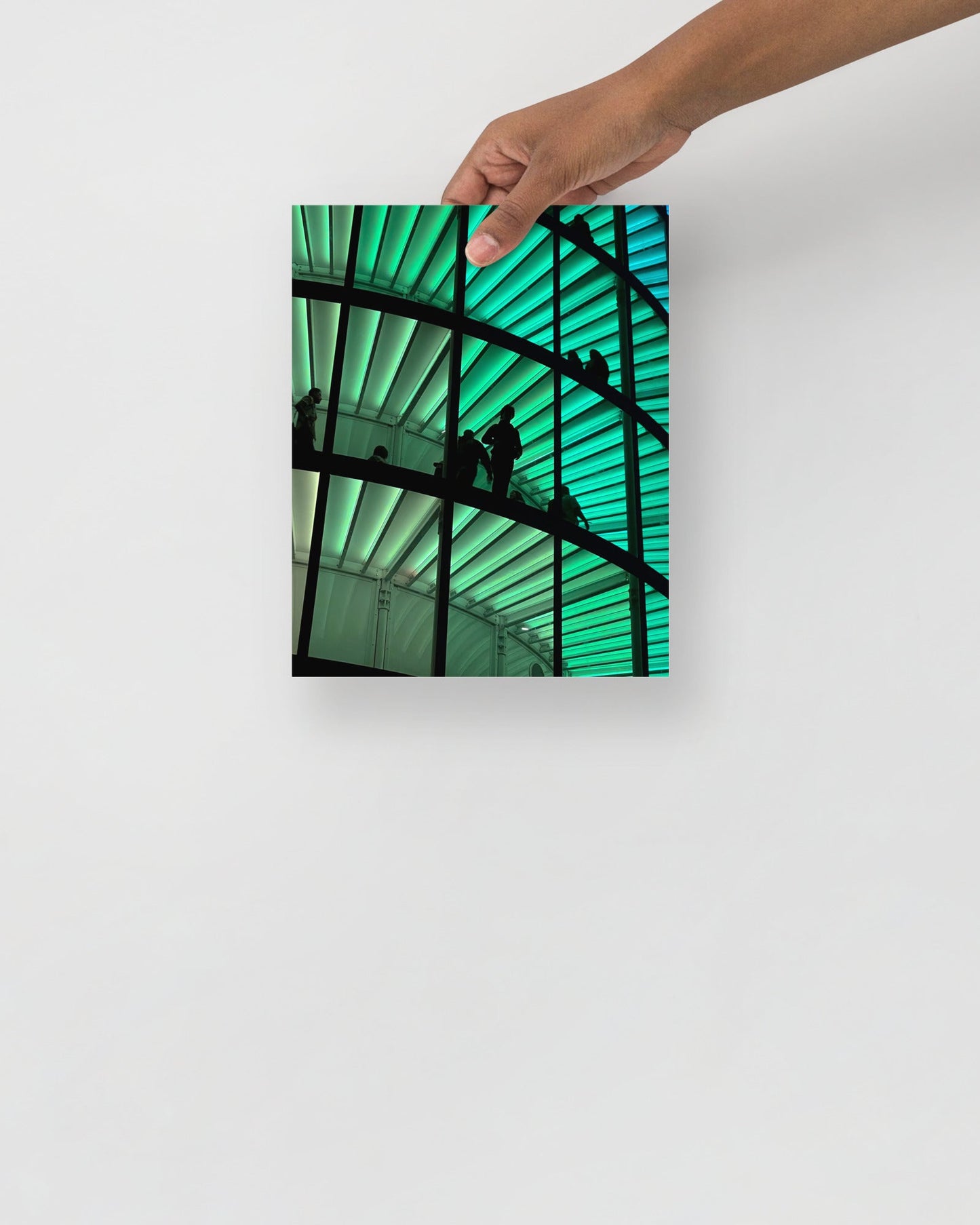 Art print of 'spectra' a green architectural interior with silhouettes against a white background