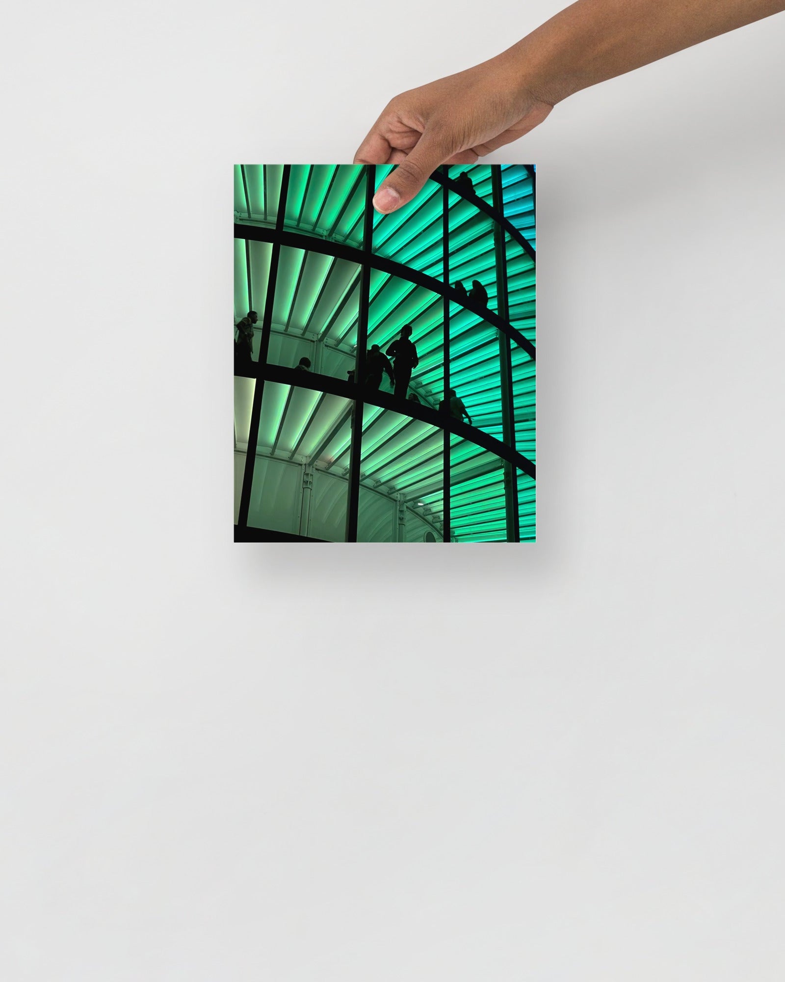 Art print of 'spectra' a green architectural interior with silhouettes against a white background